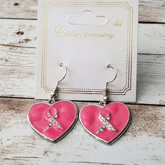 Chloe Accessory Dangle Earrings Breast Cancer Awareness Heart Ribbon Pink New - Picture 1 of 4